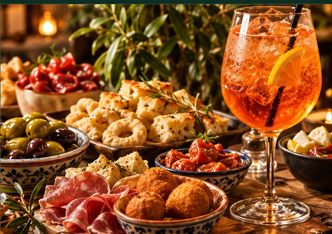 Aperitivo illustrativo con cocktail, olive, focaccia e sfizi