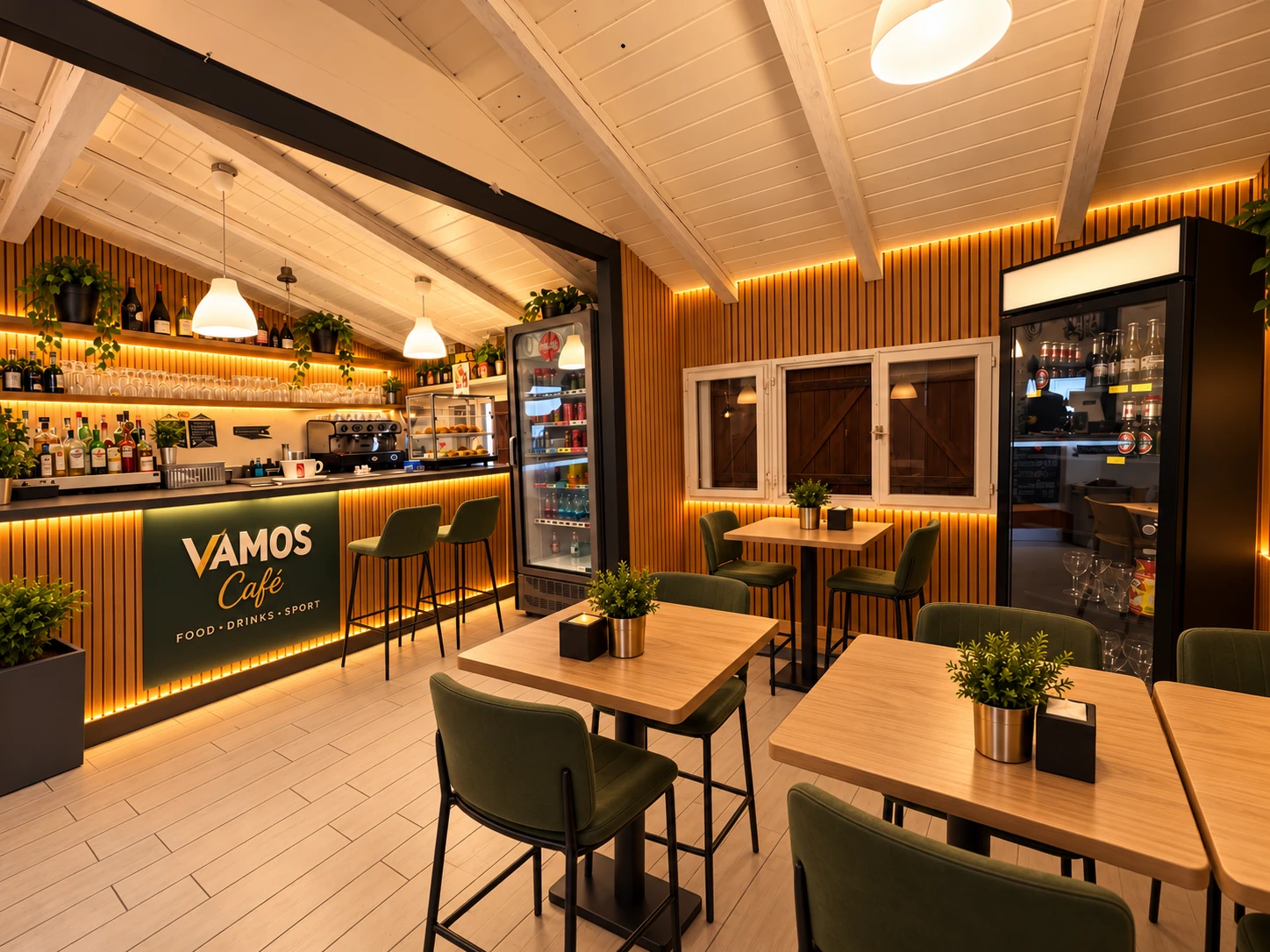 Rendering dell'ambiente interno di Vamos Café