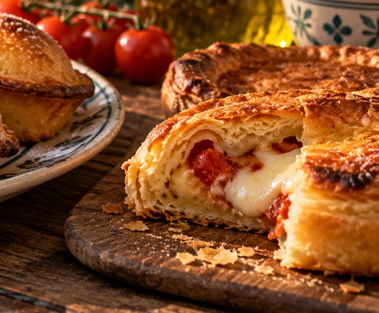 Immagine editoriale illustrativa: sfoglia salata con mozzarella e pomodoro